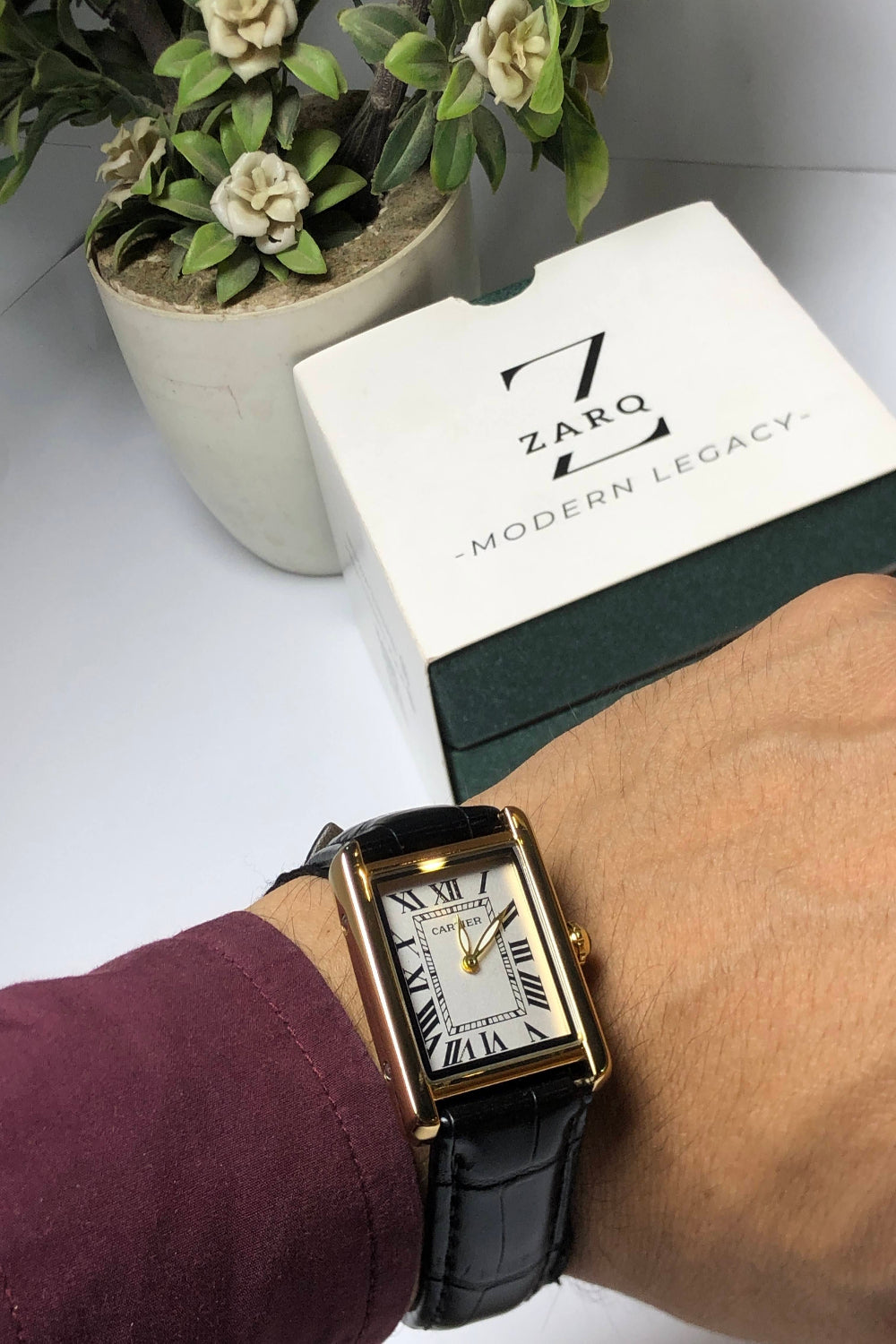 Close up of Zarq rectangular dial watch